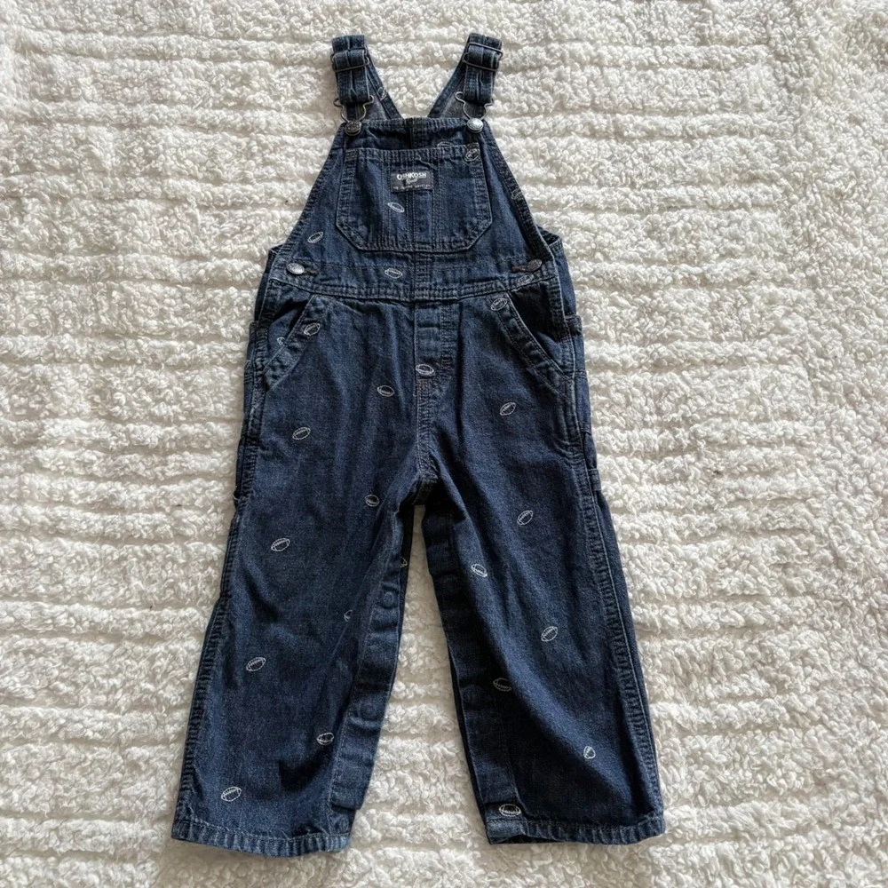 OshKosh Bgosh Kids Dark Wash Denim Football Embroidered Bib‎ Overalls Sports 2T